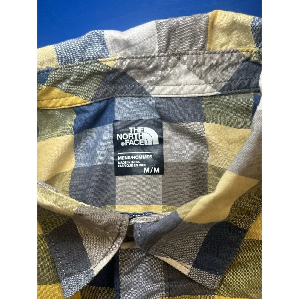 The North Face Plaid Button Front Shirt Mens Medium Yellow Blue Outdoor Hiking